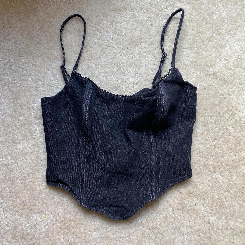 White Fox Boutique Black Denim Bustier Corset Camisole Top Size XS 100% Cotton